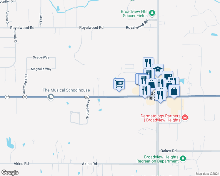 map of restaurants, bars, coffee shops, grocery stores, and more near 1550 West Royalton Road in Broadview Heights