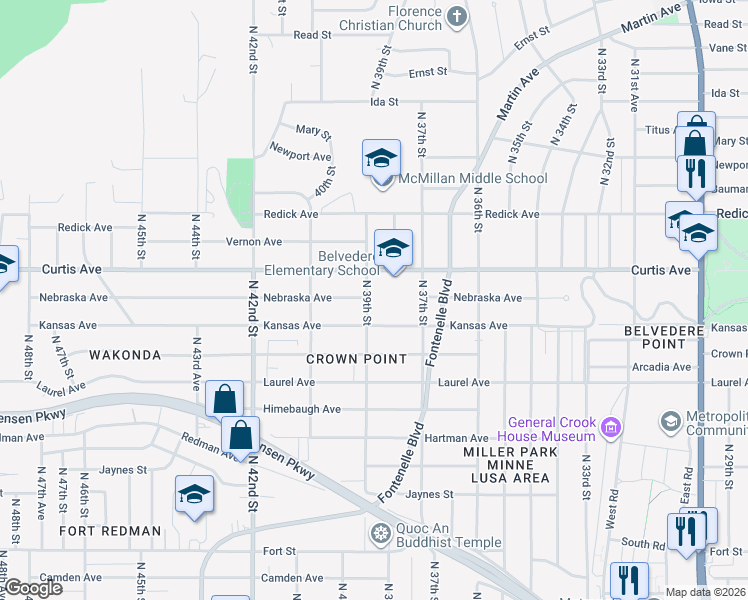 map of restaurants, bars, coffee shops, grocery stores, and more near 6121 North 39th Street in Omaha