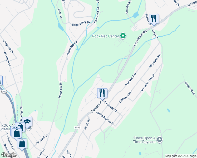 map of restaurants, bars, coffee shops, grocery stores, and more near 1 Creekside Drive in Shavertown