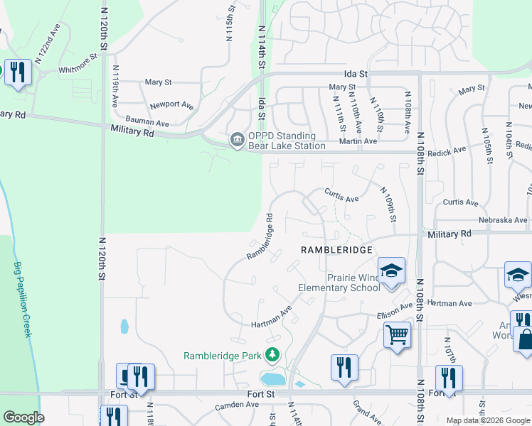 map of restaurants, bars, coffee shops, grocery stores, and more near 11456 Nebraska Circle in Omaha