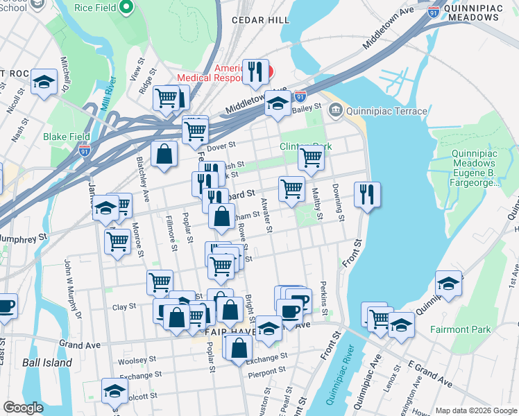 map of restaurants, bars, coffee shops, grocery stores, and more near 170 Chatham Street in New Haven