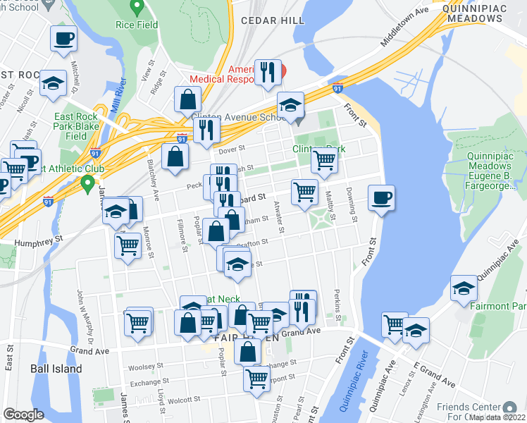 map of restaurants, bars, coffee shops, grocery stores, and more near 170 Chatham Street in New Haven
