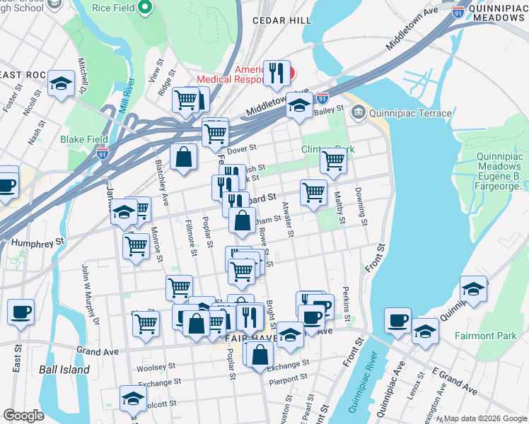 map of restaurants, bars, coffee shops, grocery stores, and more near 74 Rowe Street in New Haven