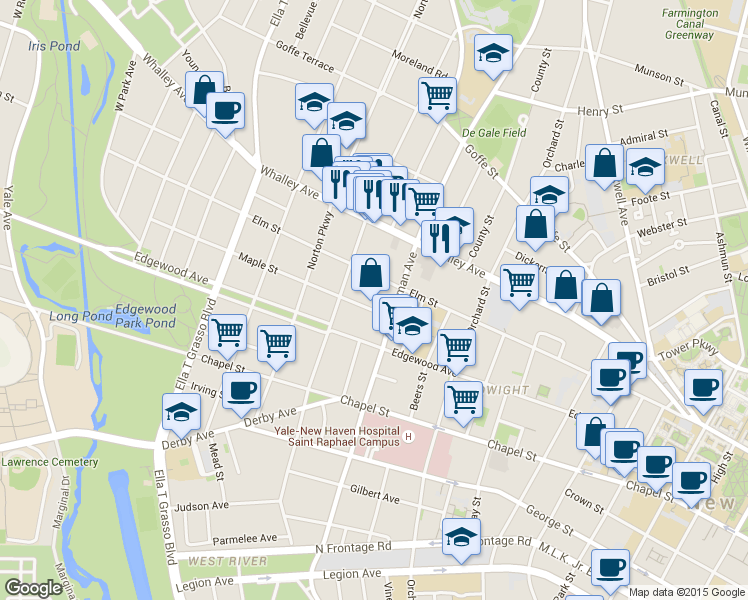 map of restaurants, bars, coffee shops, grocery stores, and more near 248 Sherman Avenue in New Haven