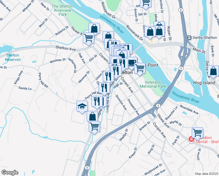 map of restaurants, bars, coffee shops, grocery stores, and more near 241 Division Avenue in Shelton