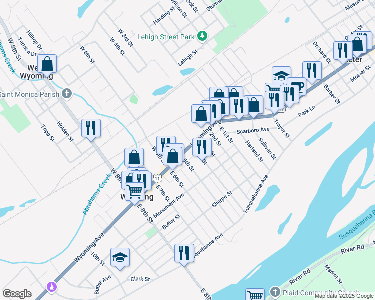 map of restaurants, bars, coffee shops, grocery stores, and more near 111 Monument Avenue in Wyoming