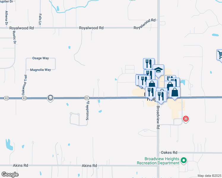 map of restaurants, bars, coffee shops, grocery stores, and more near 1550 West Royalton Road in Broadview Heights