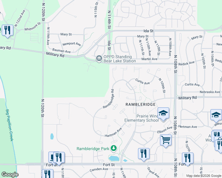 map of restaurants, bars, coffee shops, grocery stores, and more near 11456 Nebraska Circle in Omaha