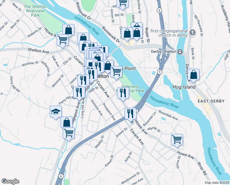 map of restaurants, bars, coffee shops, grocery stores, and more near 300 Howe Avenue in Shelton