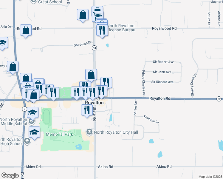 map of restaurants, bars, coffee shops, grocery stores, and more near 5200 Royalton Road in North Royalton