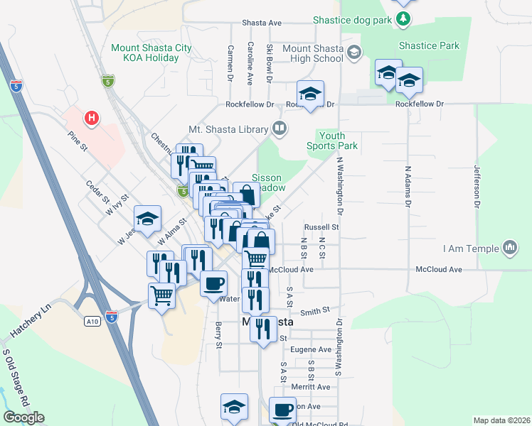 map of restaurants, bars, coffee shops, grocery stores, and more near 303 E Lake St in Mt Shasta