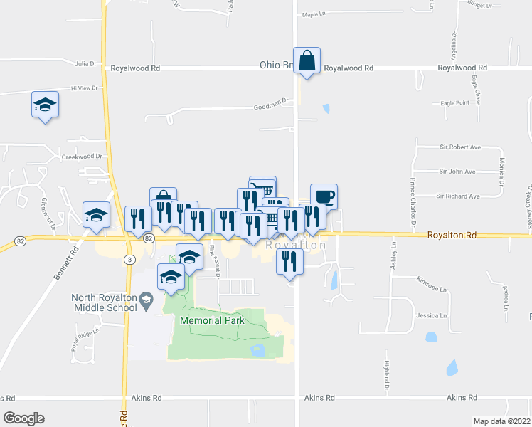 map of restaurants, bars, coffee shops, grocery stores, and more near 6000 Royalton Road in North Royalton
