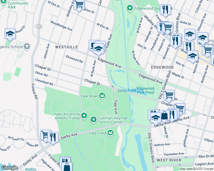 map of restaurants, bars, coffee shops, grocery stores, and more near 1849 Chapel Street in New Haven