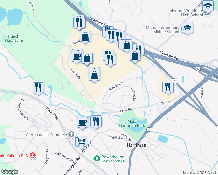 map of restaurants, bars, coffee shops, grocery stores, and more near 61 Oxford Lane in Harriman