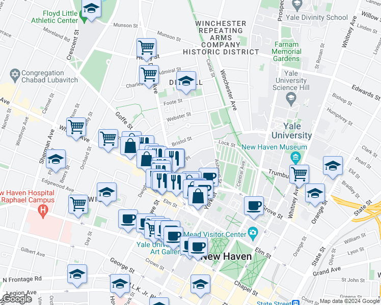 map of restaurants, bars, coffee shops, grocery stores, and more near 53 Lake Place in New Haven