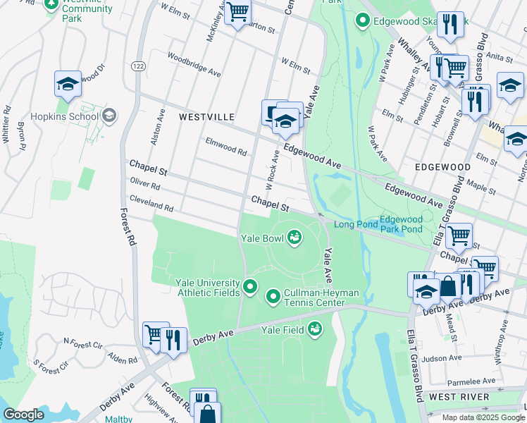 map of restaurants, bars, coffee shops, grocery stores, and more near 1914 Chapel Street in New Haven