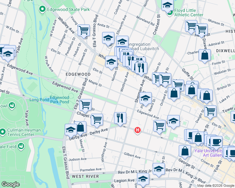 map of restaurants, bars, coffee shops, grocery stores, and more near 367 Edgewood Avenue in New Haven