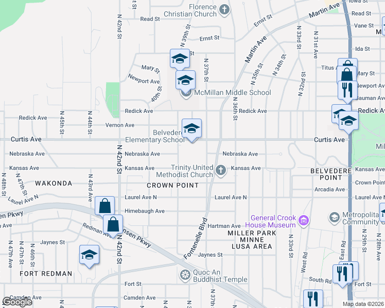 map of restaurants, bars, coffee shops, grocery stores, and more near 6109 North 39th Street in Omaha