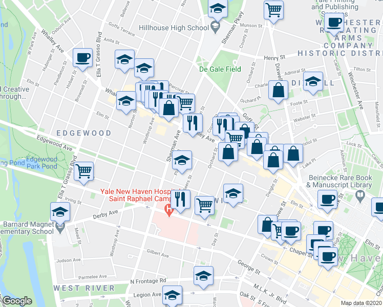 map of restaurants, bars, coffee shops, grocery stores, and more near 611 Elm Street in New Haven
