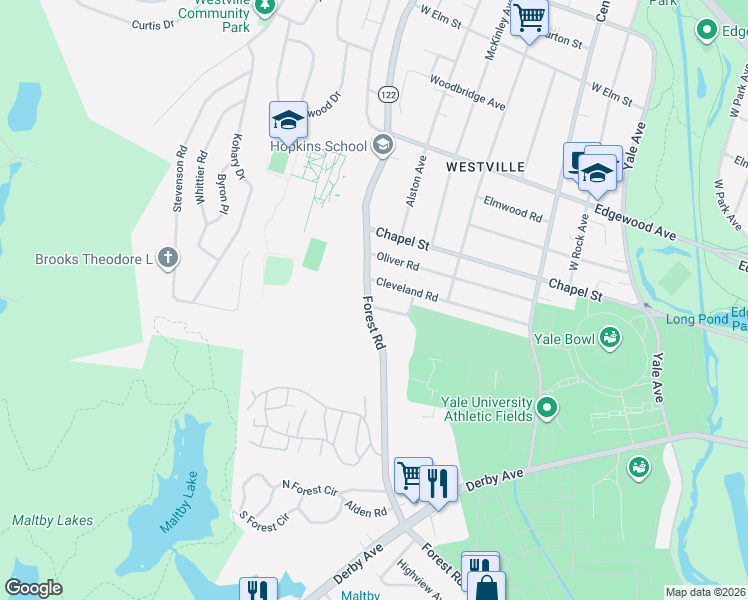 map of restaurants, bars, coffee shops, grocery stores, and more near 809 Forest Road in New Haven