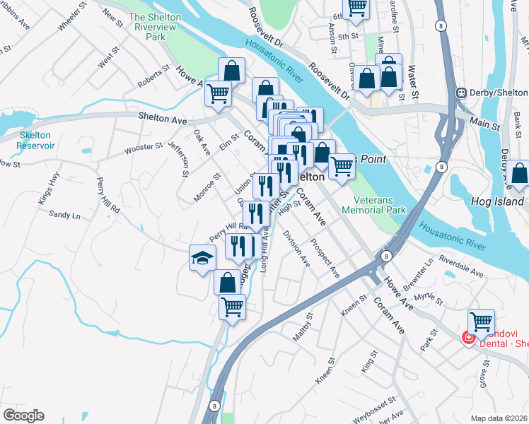 map of restaurants, bars, coffee shops, grocery stores, and more near 155 Center Street in Shelton
