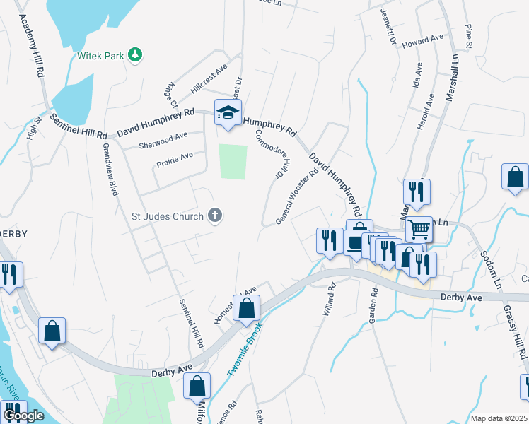 map of restaurants, bars, coffee shops, grocery stores, and more near 86 Commodore Hull Dr in Derby