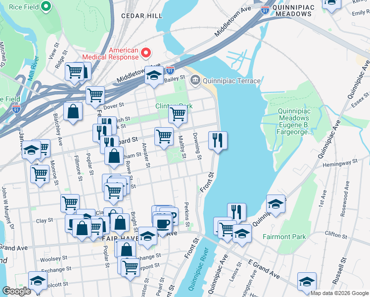 map of restaurants, bars, coffee shops, grocery stores, and more near 17 Grafton Street in New Haven