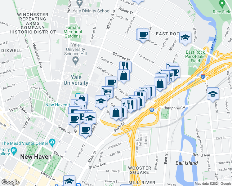 map of restaurants, bars, coffee shops, grocery stores, and more near 83 Pearl Street in New Haven