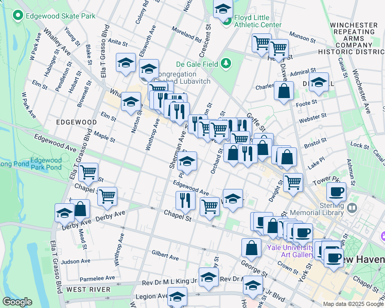 map of restaurants, bars, coffee shops, grocery stores, and more near 632 Elm Street in New Haven