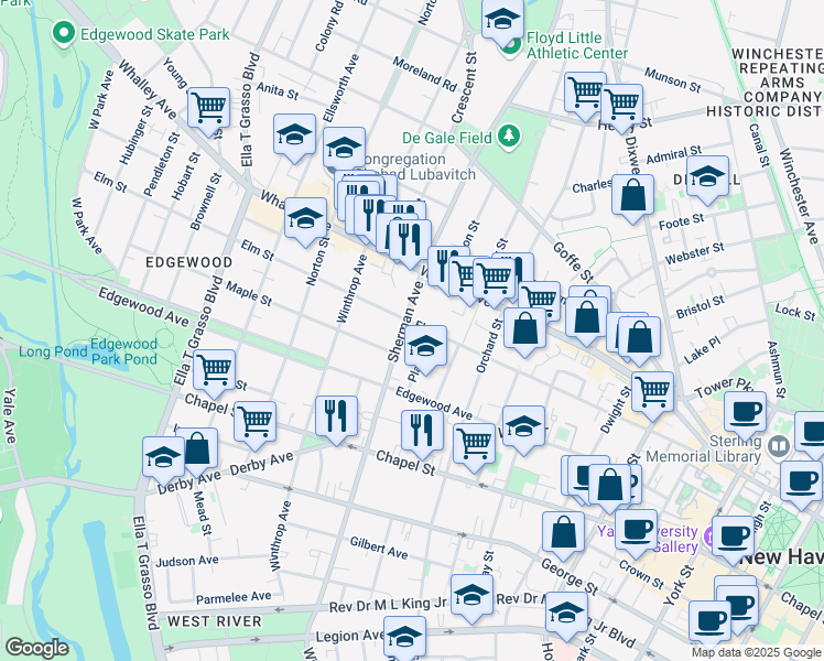 map of restaurants, bars, coffee shops, grocery stores, and more near 248 Sherman Avenue in New Haven