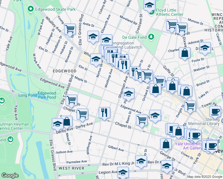 map of restaurants, bars, coffee shops, grocery stores, and more near 42 Maple Street in New Haven