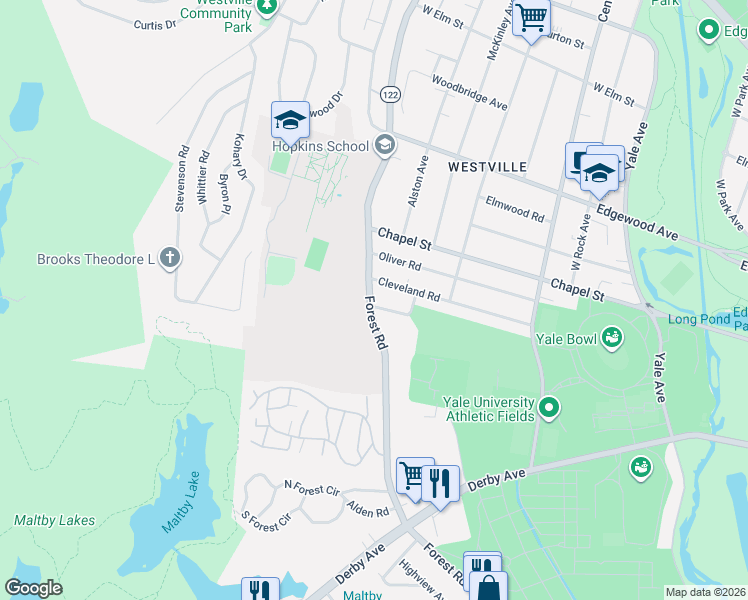 map of restaurants, bars, coffee shops, grocery stores, and more near 809 Forest Road in New Haven