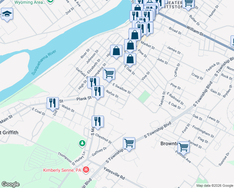 map of restaurants, bars, coffee shops, grocery stores, and more near 8 Stout Street in Pittston