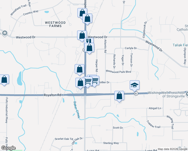 map of restaurants, bars, coffee shops, grocery stores, and more near 13728 Harper Road in Strongsville