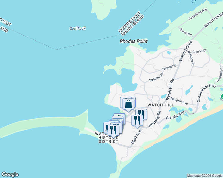 map of restaurants, bars, coffee shops, grocery stores, and more near 5 Waters Edge Road in Westerly