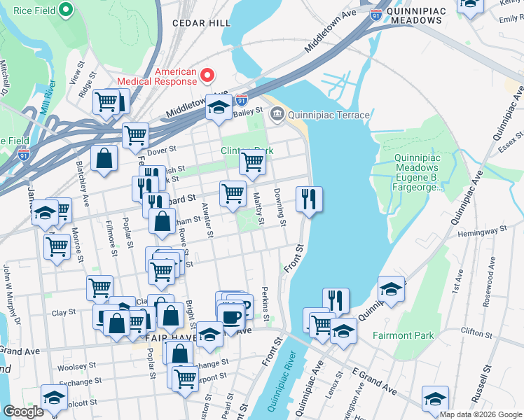 map of restaurants, bars, coffee shops, grocery stores, and more near 17 Grafton Street in New Haven