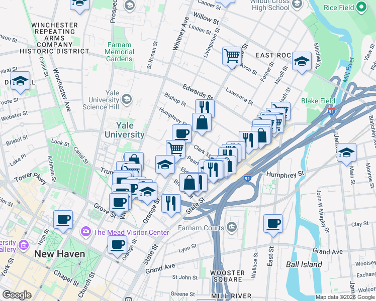 map of restaurants, bars, coffee shops, grocery stores, and more near 83 Pearl Street in New Haven