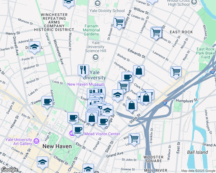 map of restaurants, bars, coffee shops, grocery stores, and more near 165 Whitney Avenue in New Haven