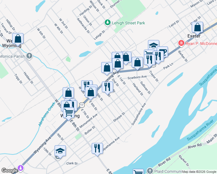 map of restaurants, bars, coffee shops, grocery stores, and more near 25-43 E 3rd St in Wyoming