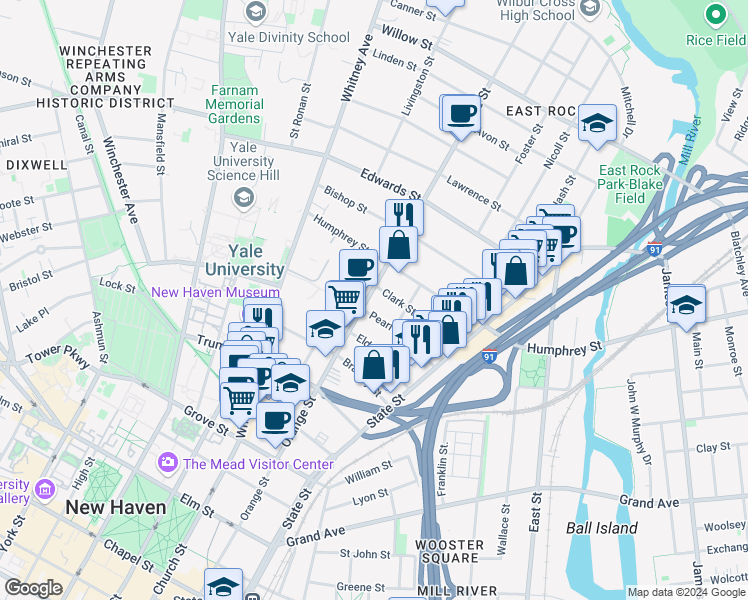 map of restaurants, bars, coffee shops, grocery stores, and more near 539 Orange Street in New Haven