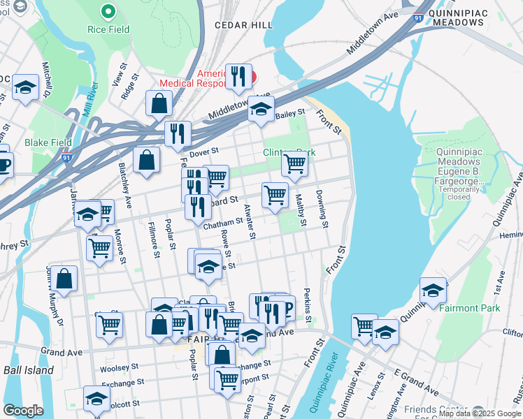 map of restaurants, bars, coffee shops, grocery stores, and more near 129 Chatham Street in New Haven