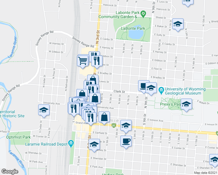 map of restaurants, bars, coffee shops, grocery stores, and more near 416 East Clark Street in Laramie