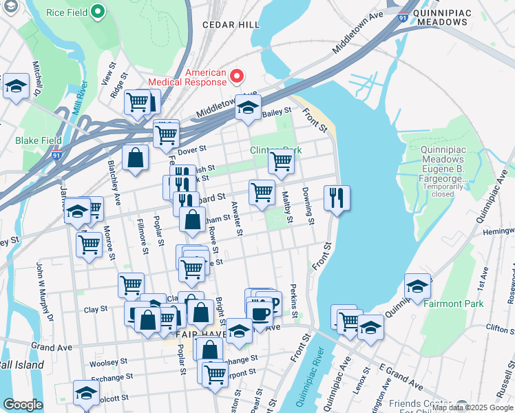 map of restaurants, bars, coffee shops, grocery stores, and more near 134 Chatham Street in New Haven