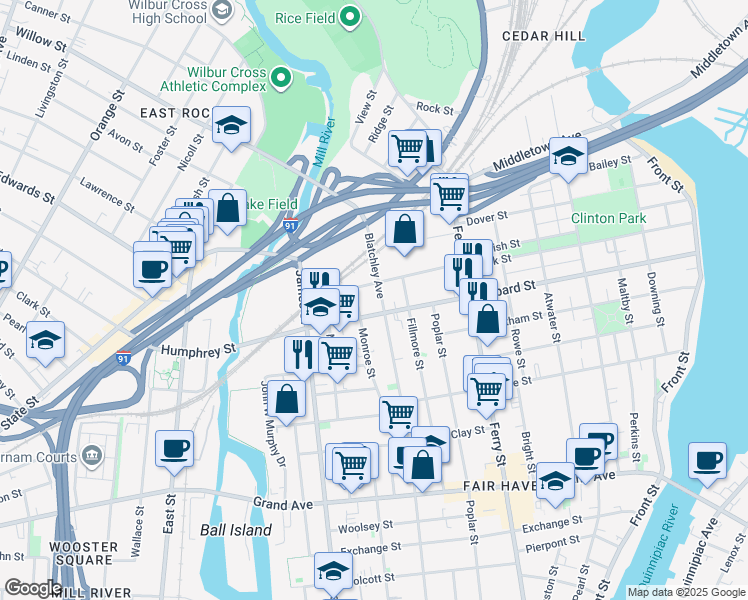 map of restaurants, bars, coffee shops, grocery stores, and more near in New Haven