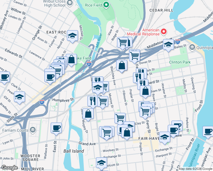 map of restaurants, bars, coffee shops, grocery stores, and more near in New Haven