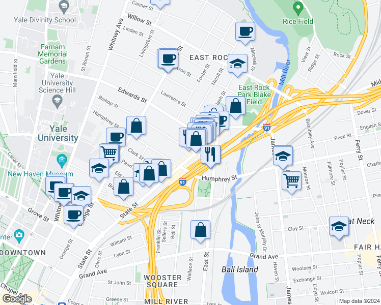 map of restaurants, bars, coffee shops, grocery stores, and more near 943 State Street in New Haven