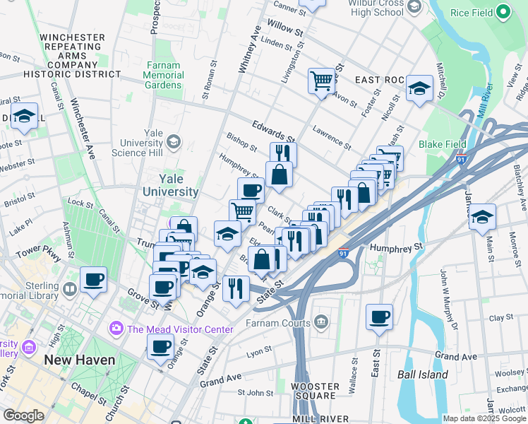 map of restaurants, bars, coffee shops, grocery stores, and more near 83 Pearl Street in New Haven