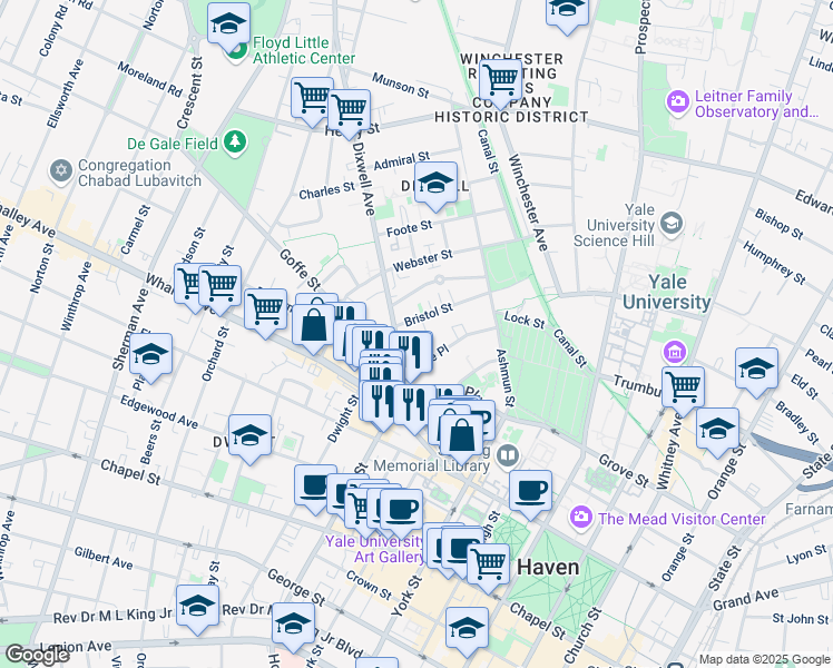 map of restaurants, bars, coffee shops, grocery stores, and more near 73 Lake Place in New Haven