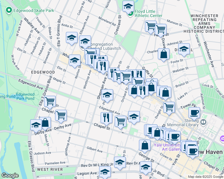 map of restaurants, bars, coffee shops, grocery stores, and more near 632 Elm Street in New Haven