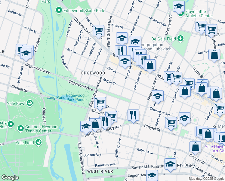 map of restaurants, bars, coffee shops, grocery stores, and more near 391 Edgewood Avenue in New Haven